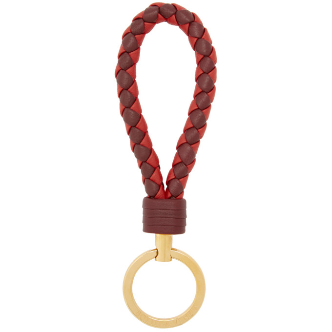 Bottega Veneta Burgundy And Red Intrecciato Loop Keychain In 6309 Bordea