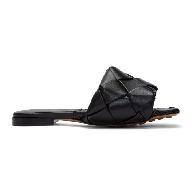 BOTTEGA VENETA BLACK INTRECCIATO LIDO FLAT SANDALS
