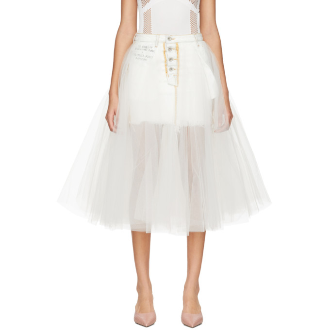 BEN TAVERNITI UNRAVEL PROJECT UNRAVEL WHITE WASHOUT DENIM TULLE REVERSED SKIRT