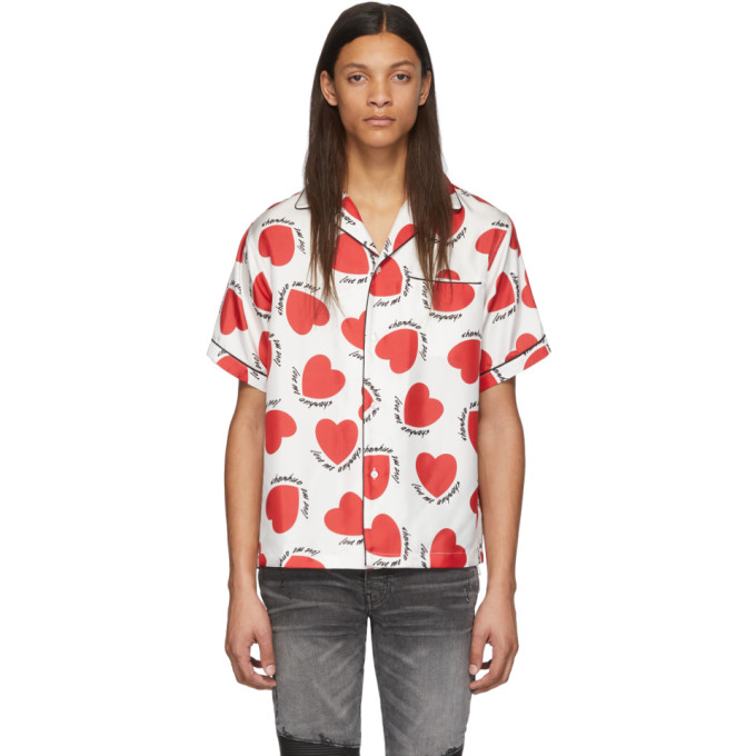 AMIRI AMIRI RED AND WHITE SILK HEARTS SHORT SLEEVE SHIRT