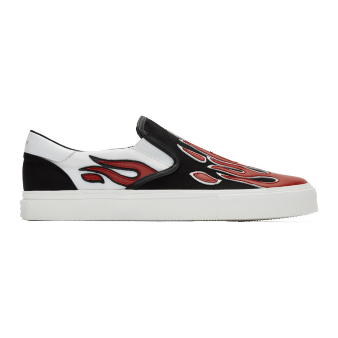 Click to view more detailed imagery on our partner's website Amiri Skel Toe Leather-appliquÉd Canvas Slip-on Sneakers In Blk Wht Red