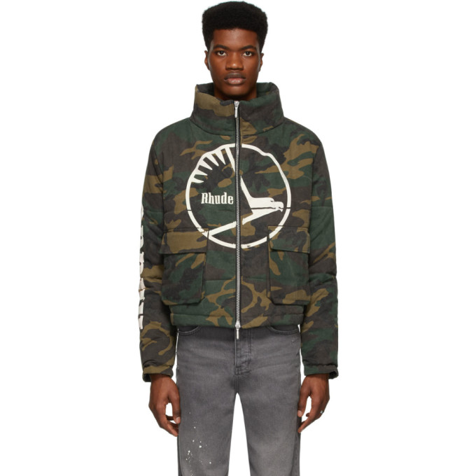 RHUDE GREEN CAMOUFLAGE PUFFER JACKET