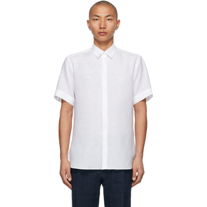 Dolce and Gabbana White Linen Embroidered DG Logo Short Sleeve Shirt