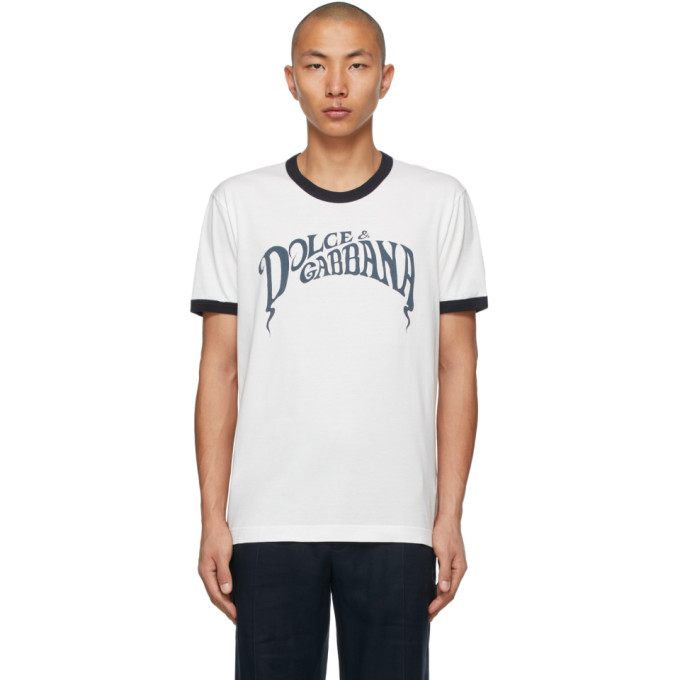 DOLCE & GABBANA WHITE & NAVY LOGO PRINT T-SHIRT