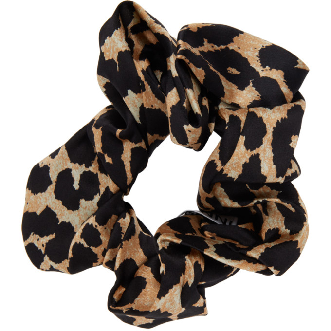 GANNI Black and Brown Leopard Scrunchie 202144F01809701