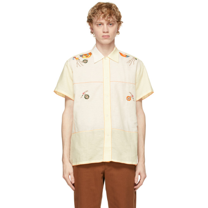 Bode White and Yellow Sheer Lantern Bowling Short Sleeve Shirt