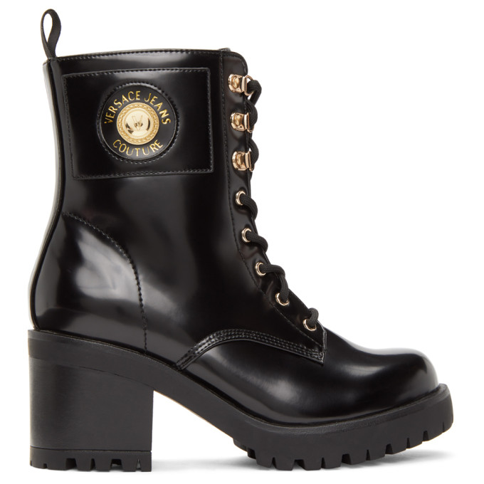 VERSACE JEANS COUTURE VERSACE JEANS COUTURE BLACK PATENT FAUX-LEATHER INSTITUTIONAL LOGO BOOTS