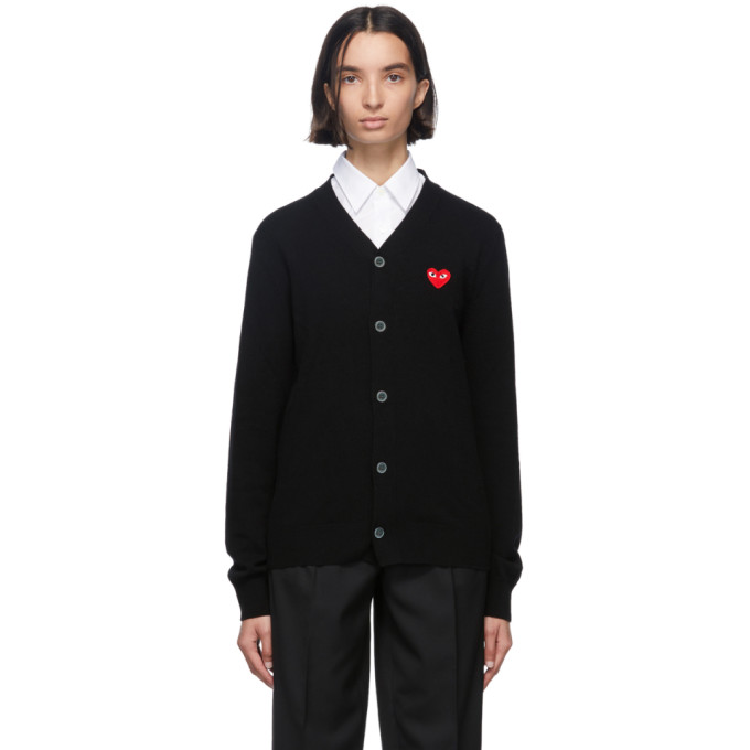 Comme des Garcons Play Black and Red Wool Mens Fit Heart Patch V-Neck Cardigan