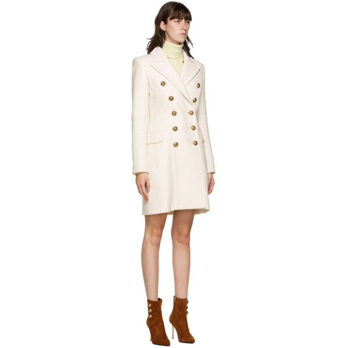 BALMAIN WHITE WOOL SERGE DOUBLE-BREASTED COAT