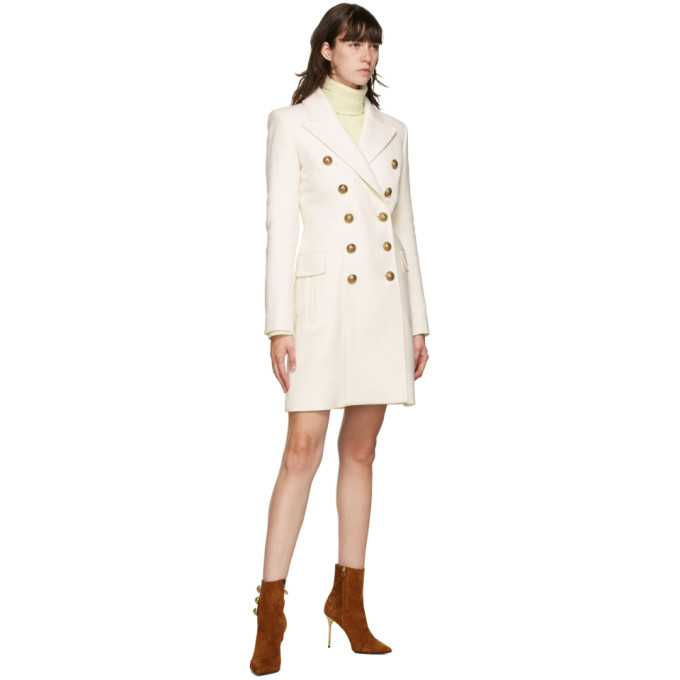 BALMAIN WHITE WOOL SERGE DOUBLE-BREASTED COAT