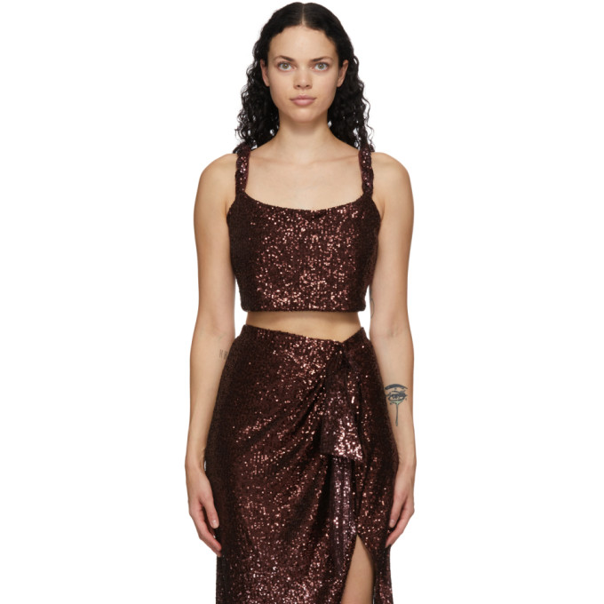 Balmain Brown Sequinned Cropped Tank Top