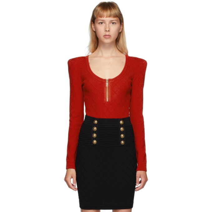 Click to view more detailed imagery on our partner's website Balmain Red Diamond Knit Long Sleeve Bodysuit In 3ka Red