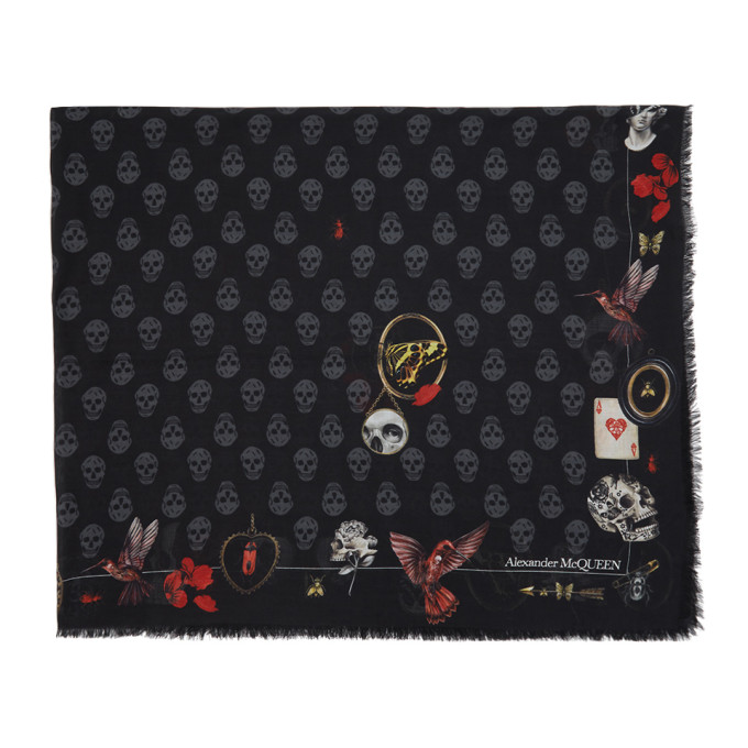 Alexander McQueen Black and Grey Floral Biker Scarf