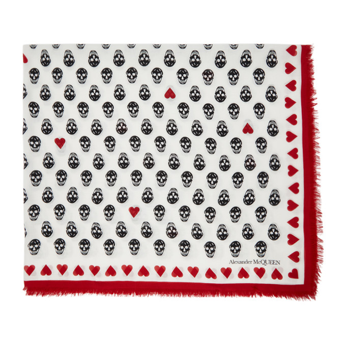 Alexander McQueen White Skull and Heart Biker Scarf