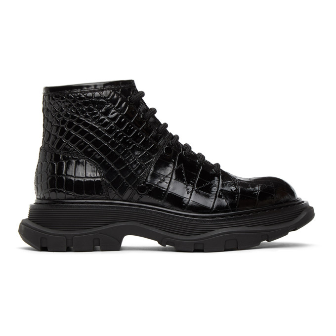 Alexander McQueen Black Croc Tread Lace-Up Boots