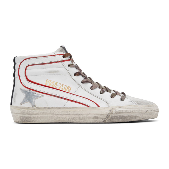 Golden Goose White and Red Slide High-Top Sneakers