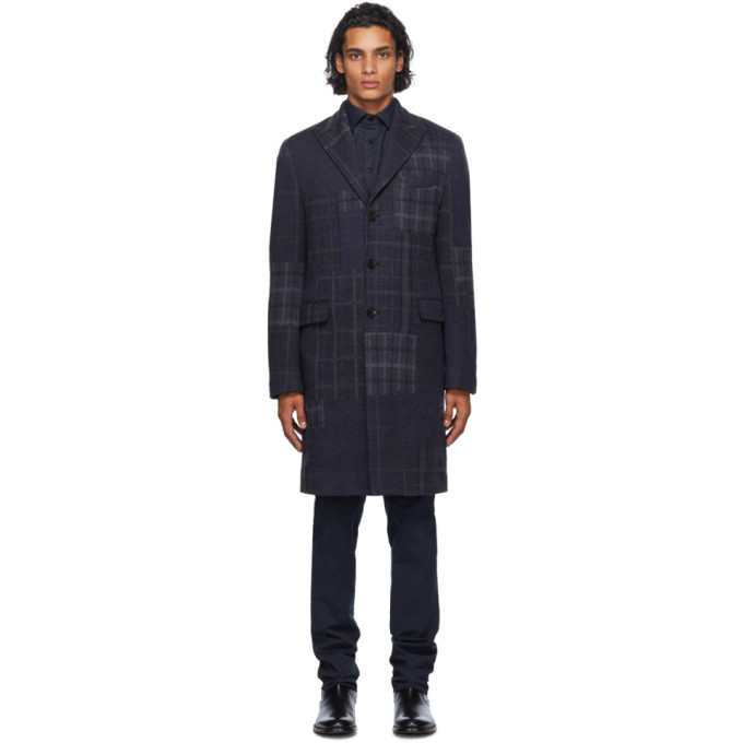 ETRO ETRO NAVY WOOL CHECK COAT