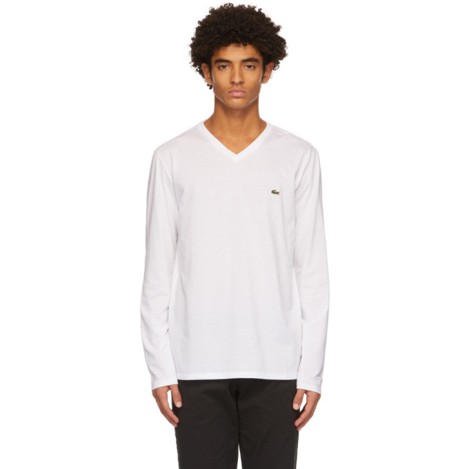 Lacoste White Logo V-Neck Long Sleeve T-Shirt