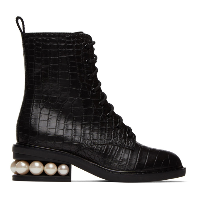 Nicholas Kirkwood Black Croc Casati Pearl Combat Boots