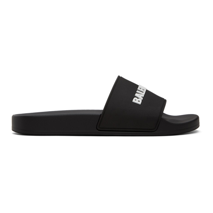 Balenciaga Black and White Rubber Logo Pool Slides - 565826-W1S80-1006