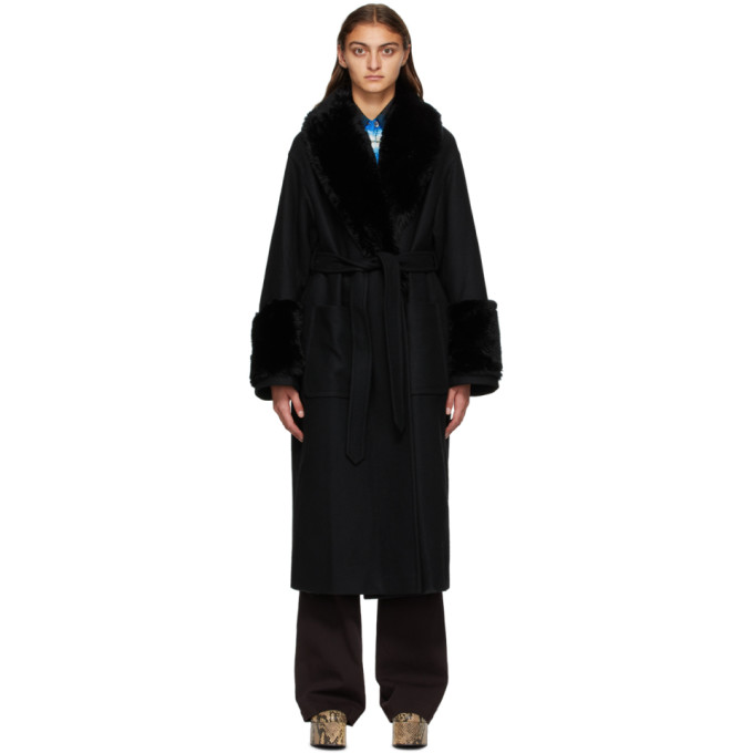 Dries Van Noten Black Faux-Fur Collar Coat