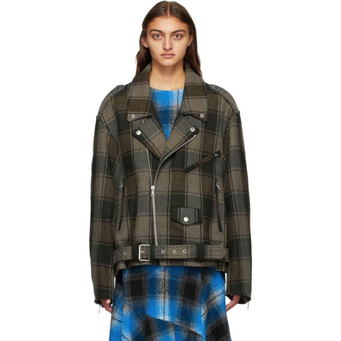 Dries Van Noten Dries Van Noten Khaki and Brown Check Oversized Biker Jacket