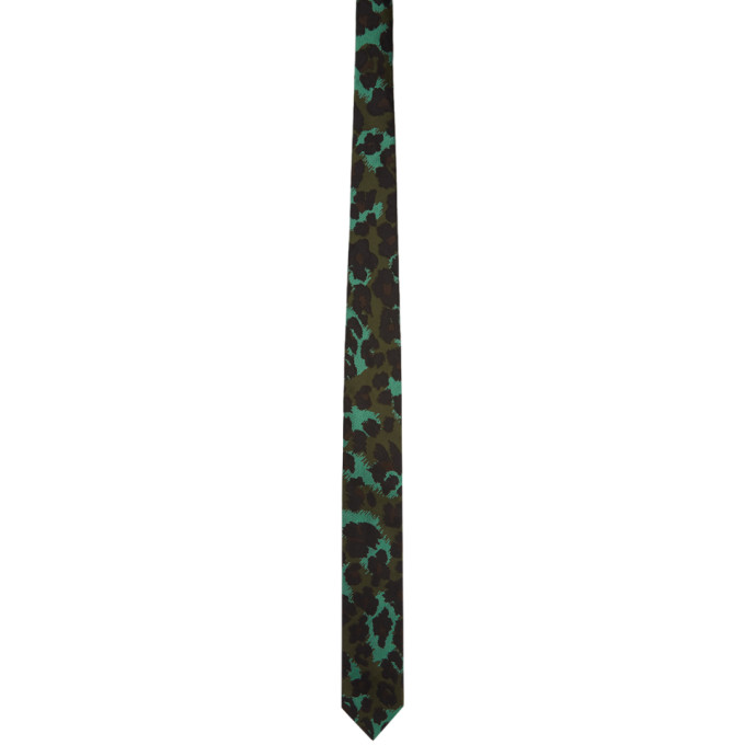 Dries Van Noten Green Leopard Silk Tie
