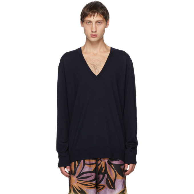 Dries Van Noten Navy Relaxed V-Neck Sweater