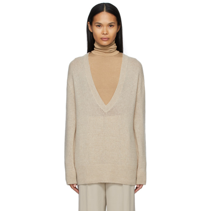 The Row Taupe Cashmere Baudelia V-Neck Sweater