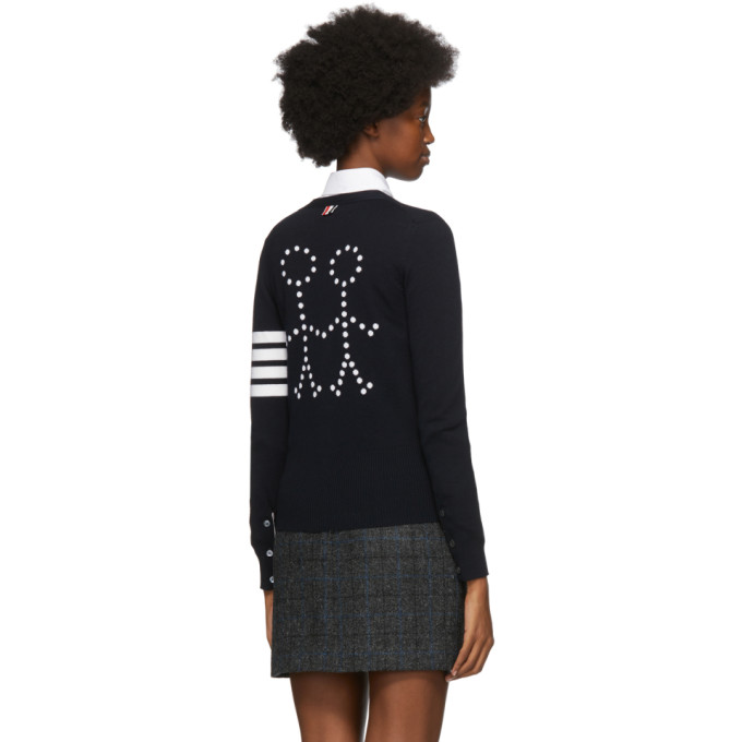 THOM BROWNE THOM BROWNE NAVY MERINO INTARSIA 4-BAR CLASSIC CARDIGAN