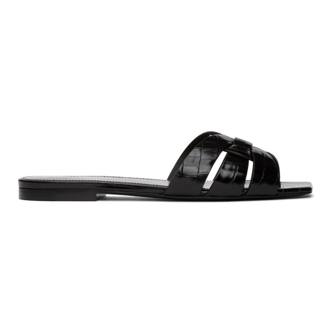 SAINT LAURENT SAINT LAURENT BLACK CROC TRIBUTE FLAT SANDALS