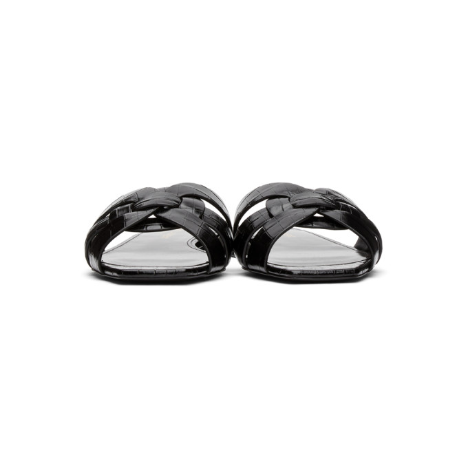 SAINT LAURENT SAINT LAURENT BLACK CROC TRIBUTE FLAT SANDALS