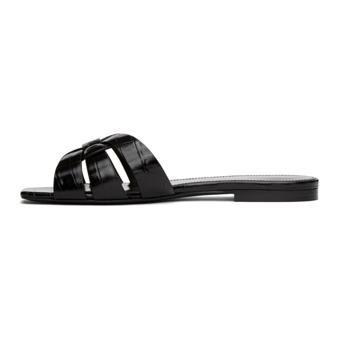 SAINT LAURENT SAINT LAURENT BLACK CROC TRIBUTE FLAT SANDALS