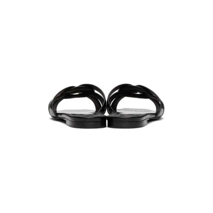 SAINT LAURENT SAINT LAURENT BLACK CROC TRIBUTE FLAT SANDALS