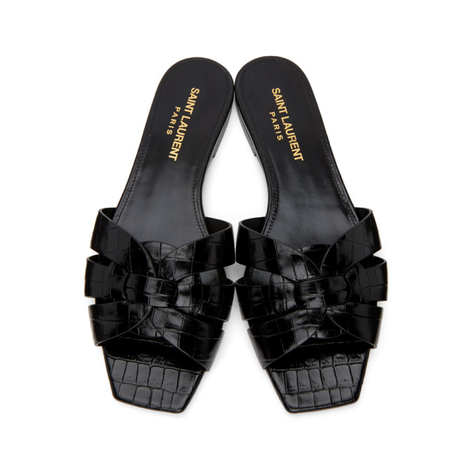 SAINT LAURENT SAINT LAURENT BLACK CROC TRIBUTE FLAT SANDALS