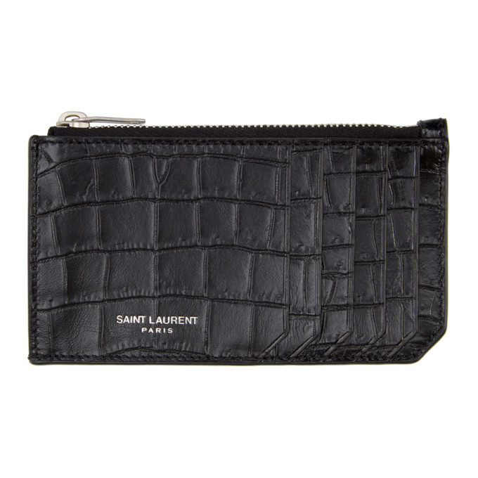 Saint Laurent Black and Silver Croc Fragment Card Holder