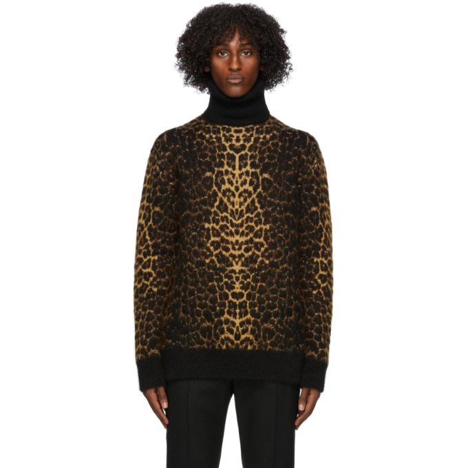 Saint Laurent Brown Wool and Mohair Leopard Turtleneck