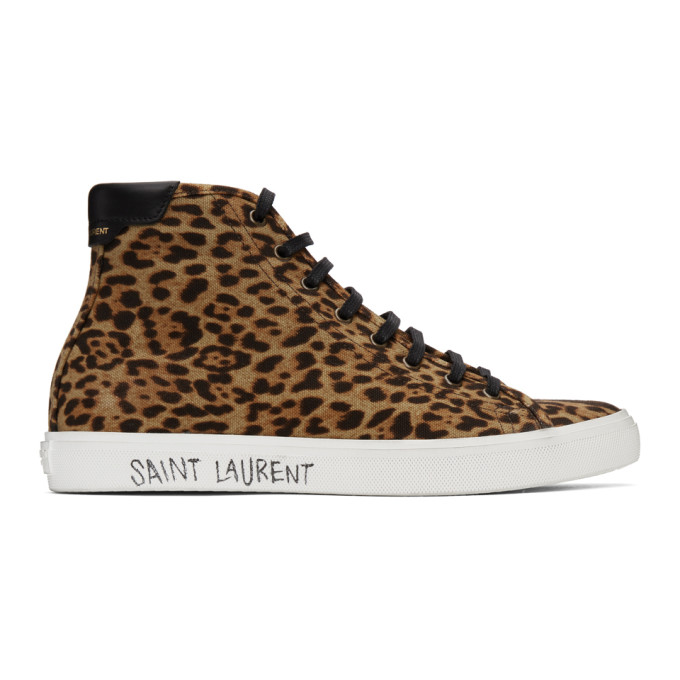 Saint Laurent Tan and Brown Leopard Malibu Mid-Top Sneakers