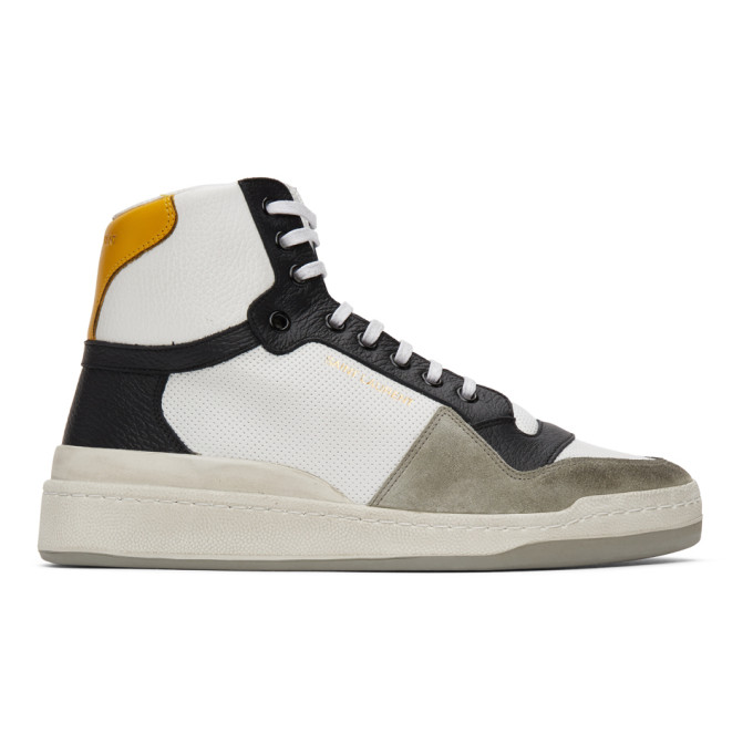 Saint Laurent White and Yellow Paneled High-Top Sneakers