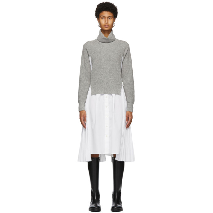 Sacai Grey and White Wool and Poplin Shirt Dress