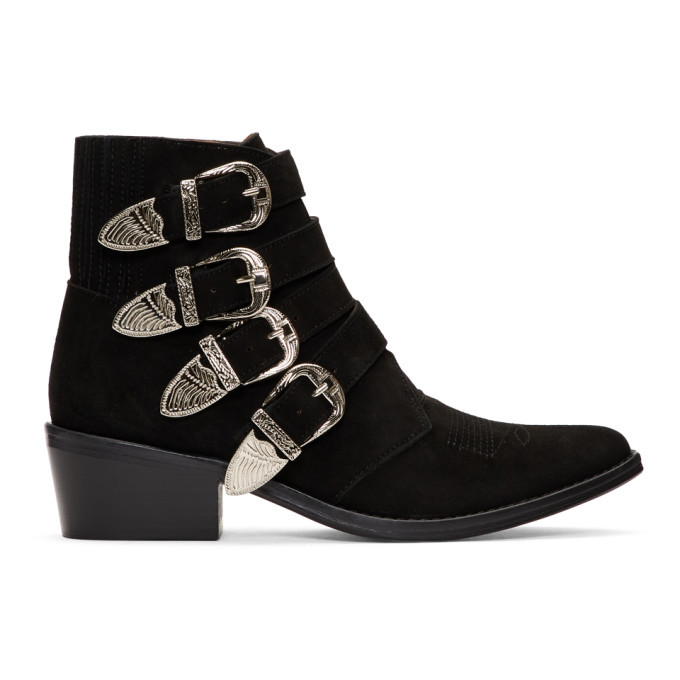 Toga Pulla Black Suede Four Buckle Western Boots