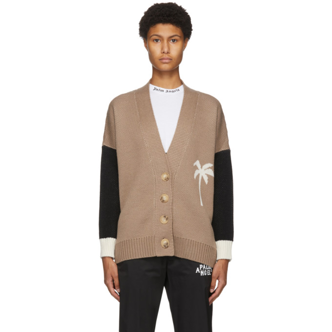 Click to view more detailed imagery on our partner's website Palm Angels Palm Tree Colour-block Cardigan In Brown/white