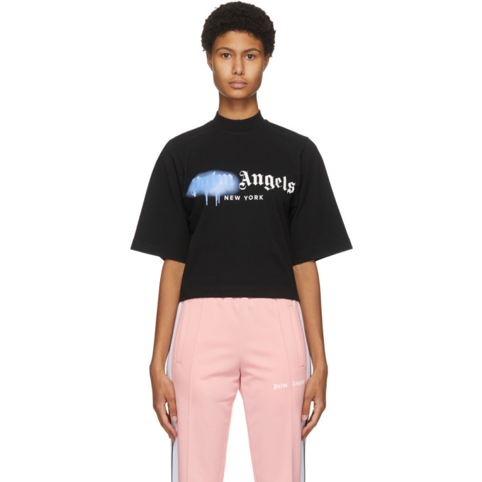 Click to view more detailed imagery on our partner's website Palm Angels Ny Sprayed Logo Tee Black Light Blue In Blk/blue