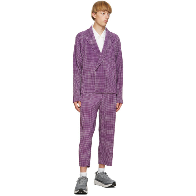 ISSEY MIYAKE HOMME PLISSE ISSEY MIYAKE PURPLE GINGHAM HOLOGRAM TROUSERS