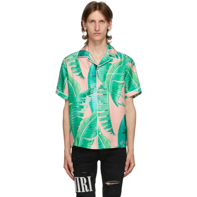 AMIRI Pink and Green Silk Banana Leaves Pyjama Short Sleeve Shirt