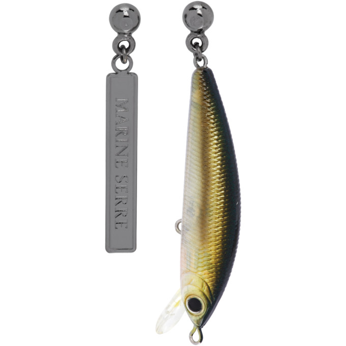 Marine Serre Gunmetal Asymmetrical Fishing Bait Earrings