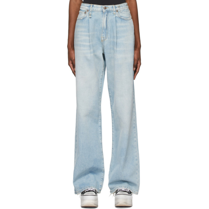 R13 Blue Damon Pleated Wide Leg Jeans In Lennon Blue