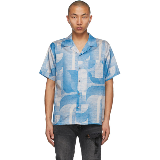 Double Rainbouu Blue and Beige Wall Flower Short Sleeve Shirt