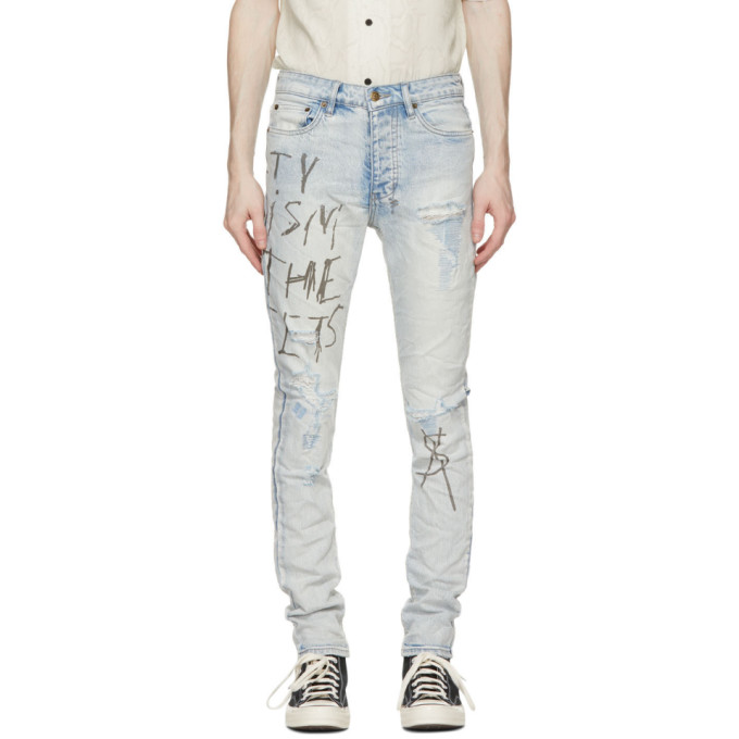 KSUBI BLUE DISTRESSED PRINTED CHITCH JEANS