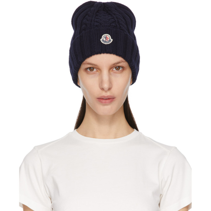 Moncler Navy Wool Logo Beanie